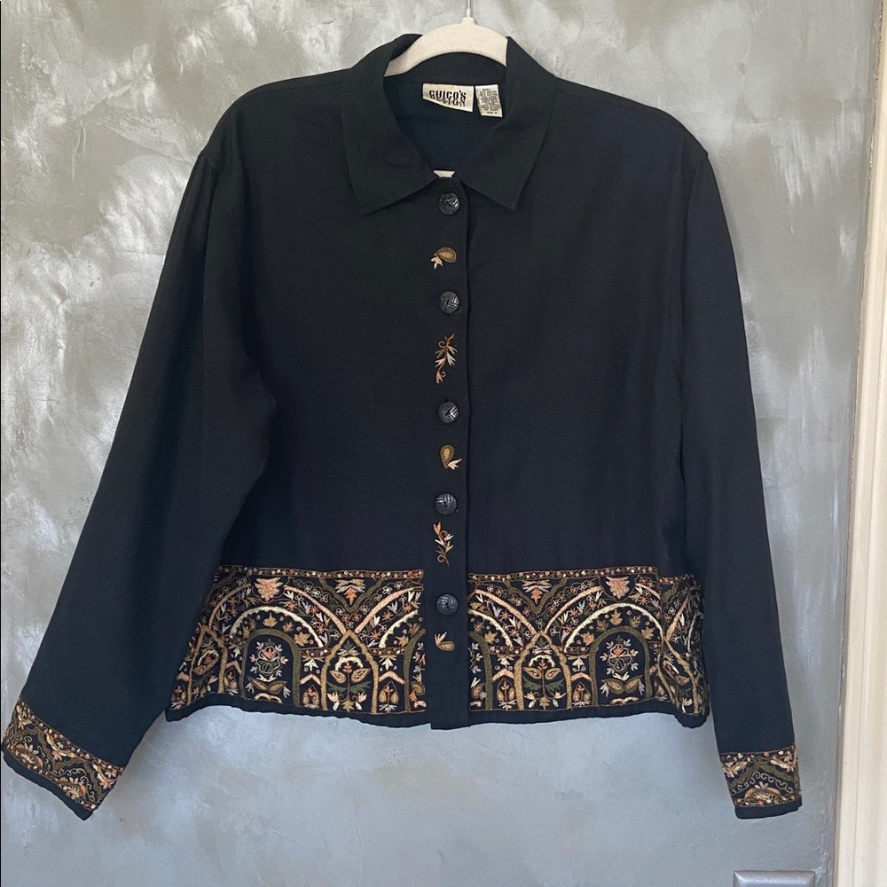 Chicos Vintage Heavily Embroidered Black Linen Jacket - Chicos Size 2